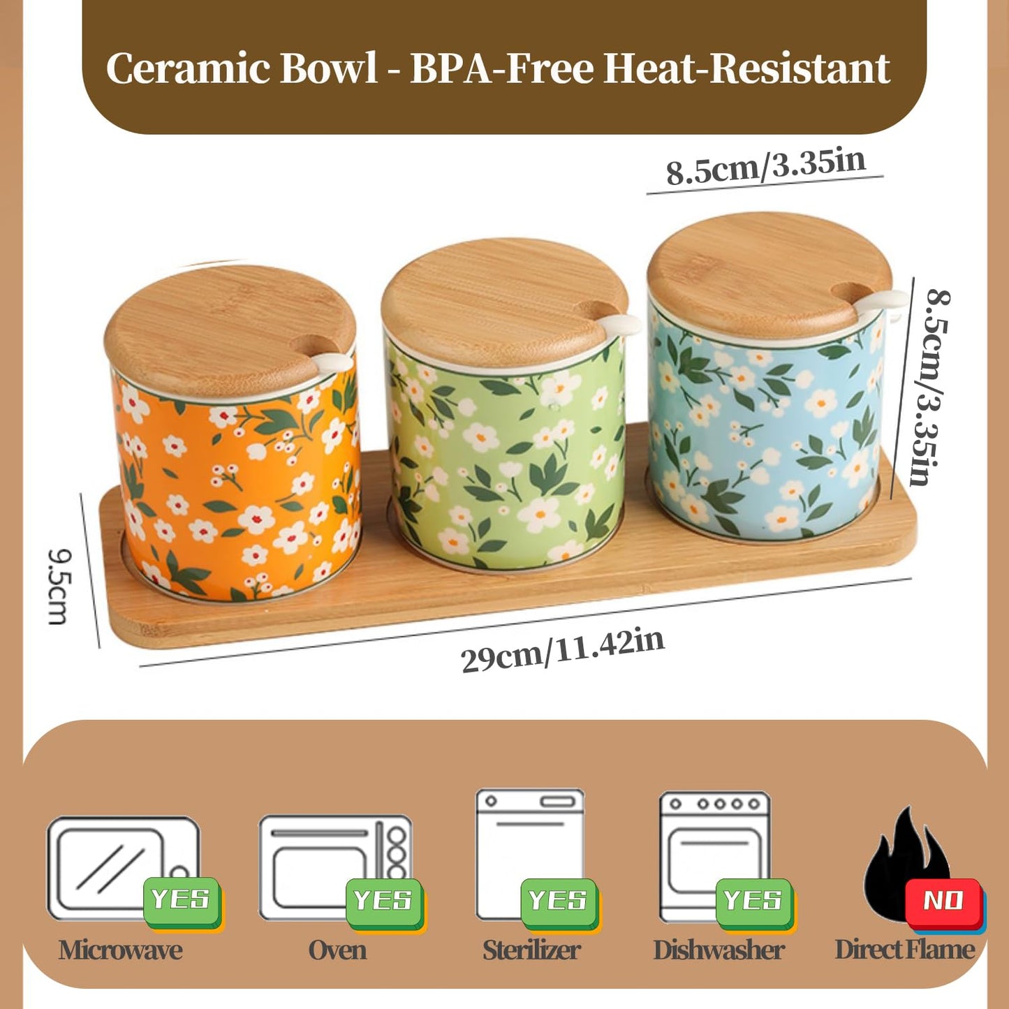 Orkim Kitchen Ceramic Condiment Jars with Lids and Spoons, 3 Piece Porcelain Seasoning Jar Set for Salt Spice Pepper Suger Bowl, Coffee Tea Container Pot with Serving Tray - Pastoral Style