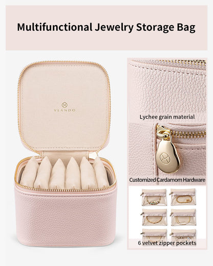 Vlando Travel Jewelry Case,Jewelry Organizer with 6 zipper velvet Jewelry bags for Women Girl,Wedding Birthday Gift Ideas for Women Earrings Rings Storage Gift Box Packaging Pink