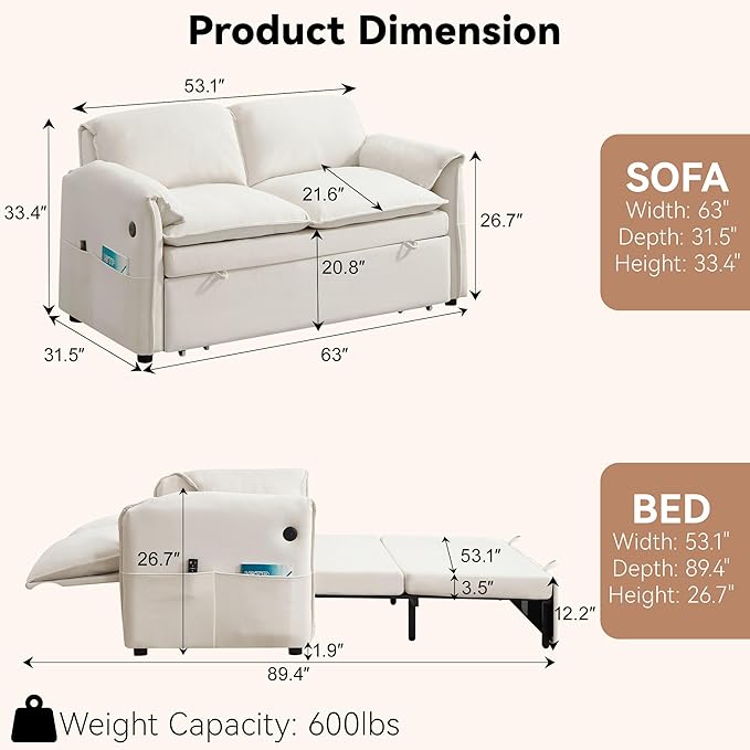63" Velvet 3 in 1 Convertible Sleeper Sofa Bed, Pull Out Couch Bed Loveseat