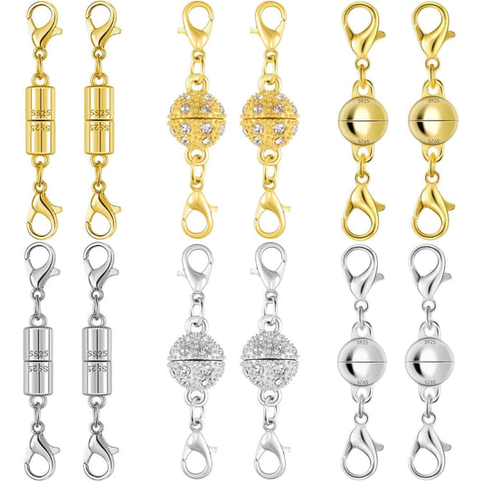 Magnetic Necklace Clasps, 18K Gold and Silver, Crystal Rhinestone Ball Connector with Lobster Clasp, Jewelry Extender for Necklaces, Bracelets (12pcs Golden Silvery)