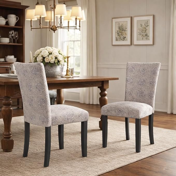 HomePop Classic Parsons Dining Chair -Gray Linen Artistic Floral Print