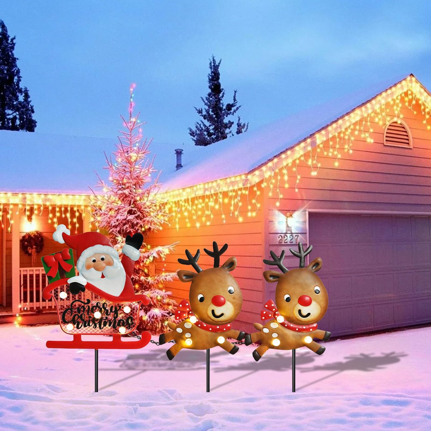 WONDER GARDEN Christmas Metal Yard Stakes, Lighted 3 Pack Christmas Garden Stakes Yard Signs, Outdoor Decorations with Santa Sleigh and Reindeer for Lawn Party Outside