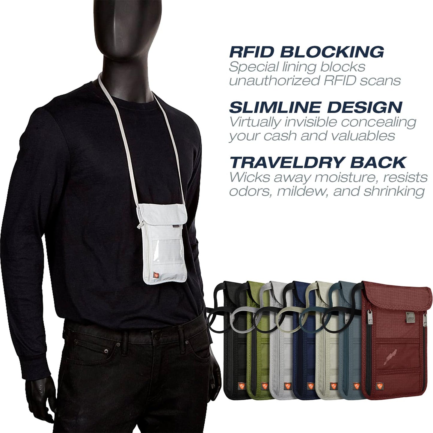 Lewis N. Clark RFID Blocking Stash Neck Wallet, Travel Pouch + Passport Holder for Women & Men, Taupe, One Size