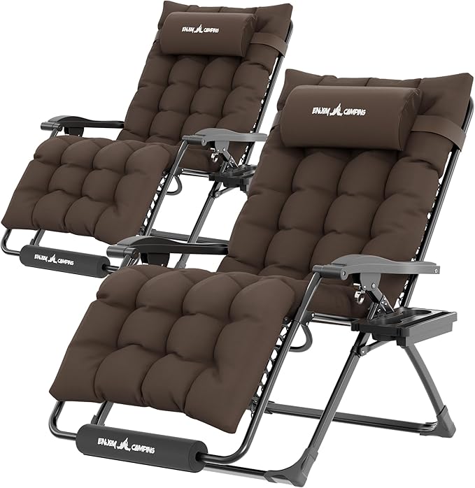 UDPATIO Oversized Zero Gravity Chair Set of 2, 29In XL Patio Reclining Chair with Cushion, Outdoor Folding Recliner with Pillows|Cup Holder|Foot Rest|Padded Headrest, Brown Grey, Support 500LB
