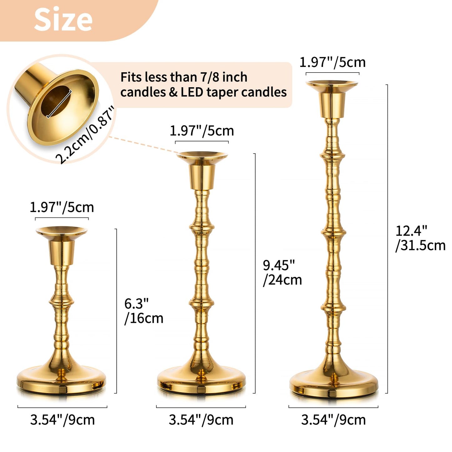 Nuptio Brass Candlestick Holders for Centerpiece: Set of 3 Gold Taper Candle Stick Holders for Home Dining Table Fireplace Decor