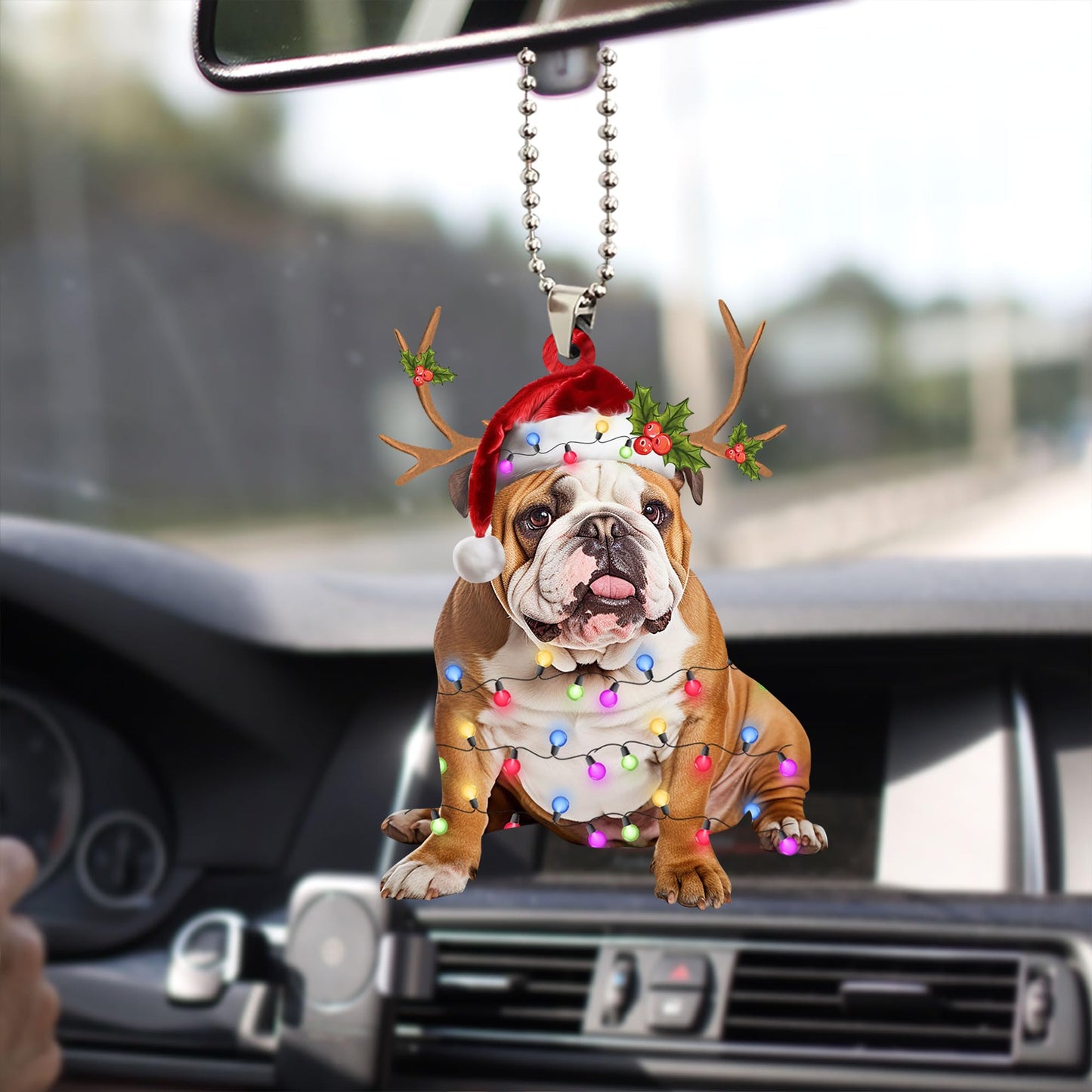 Talataca English Bulldog 2D Flat Christmas Ornament, Bulldog Inglés Christmas Hat Reindeer String Light Pine Tree Decor, Hanging House Charm Eve Keepsake, Car Rear View Mirror Accessories, Xmas Gift