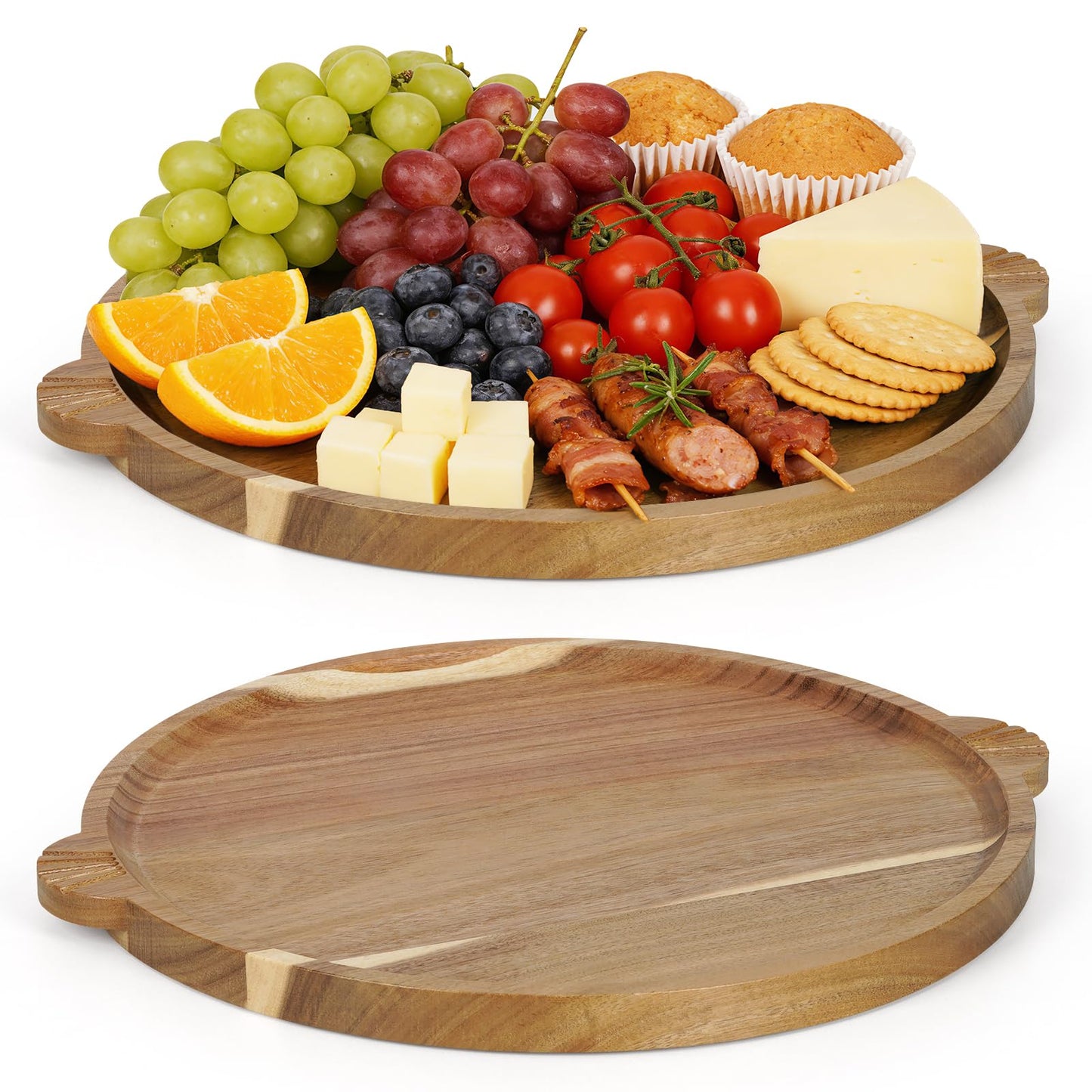 Acacia Wood Charcuterie Board with Handles 13'' - Large Round Cheese Board Serving Tray Wooden Charcuterie Serving Platter for Coffee Table, Family Gatherings, Parties & Housewarming Gifts