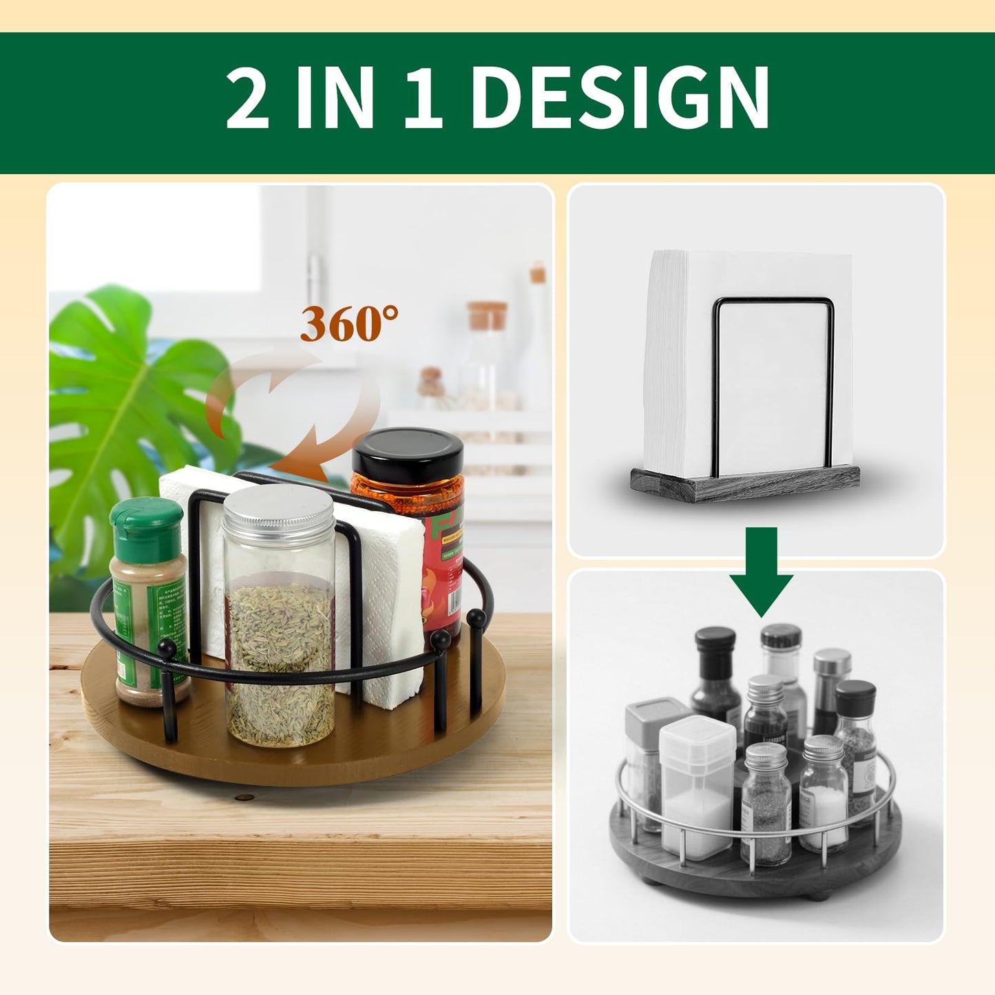 OCMML Napkin Holder for Table,360° Rotating Lazy Susan Turntable Organizer for Cabinet,9 inches Kitchen Table Decor&Counter Tray Can Hold Salt and Pepper Shakers (Walnut Brown)