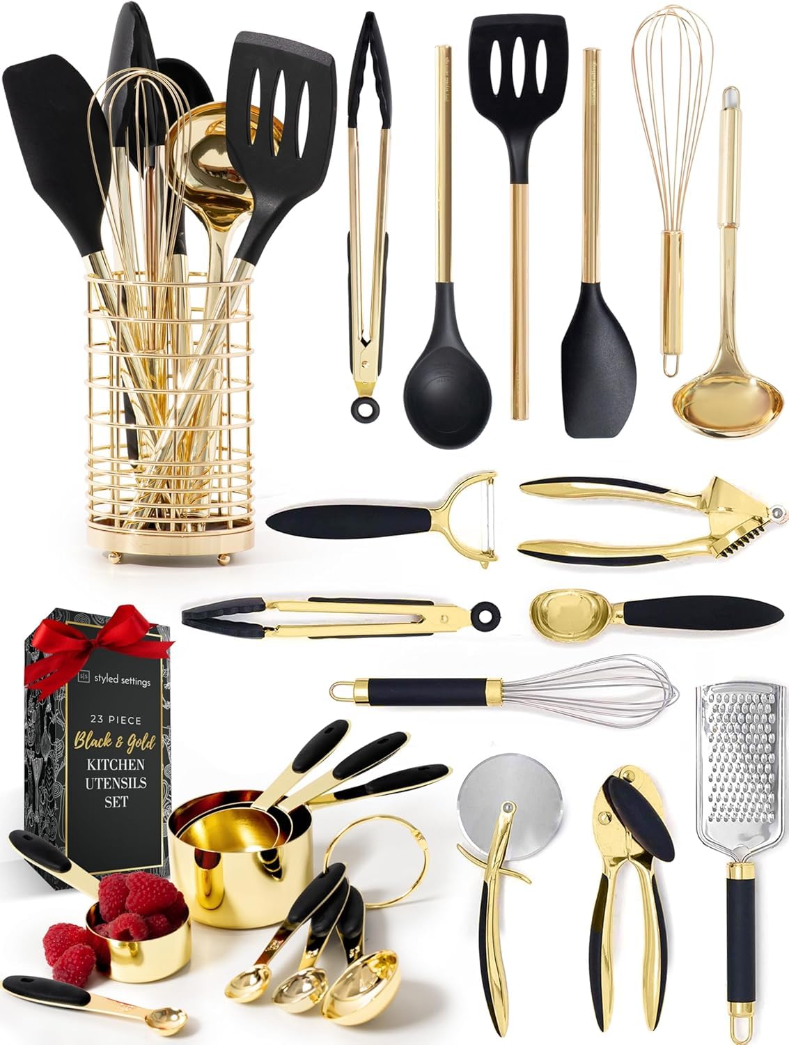 White & Gold Cooking Utensils Set - Luxe 8-Piece Kitchen Gadget Set Includes Can Opener, Tongs and Garlic Press - Stylish White and Gold Kitchen Accessories for Modern Kitchens, Ideal for Gifting