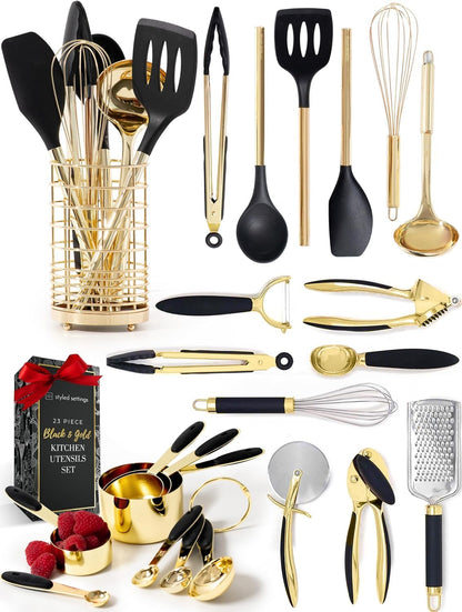 White & Gold Cooking Utensils Set - Luxe 8-Piece Kitchen Gadget Set Includes Can Opener, Tongs and Garlic Press - Stylish White and Gold Kitchen Accessories for Modern Kitchens, Ideal for Gifting