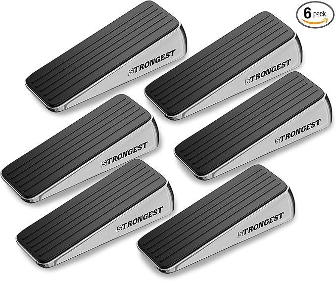 STRONGEST HOME Stoppers for Bottom of Door – Heavy Duty Metal Rubber Door Stopper, Non-Slip Door Stop for Heavy Doors, Works on Wood, Tile & Carpet Floors Wedge Chrome 6 PCs + 6 White Wall Protectors