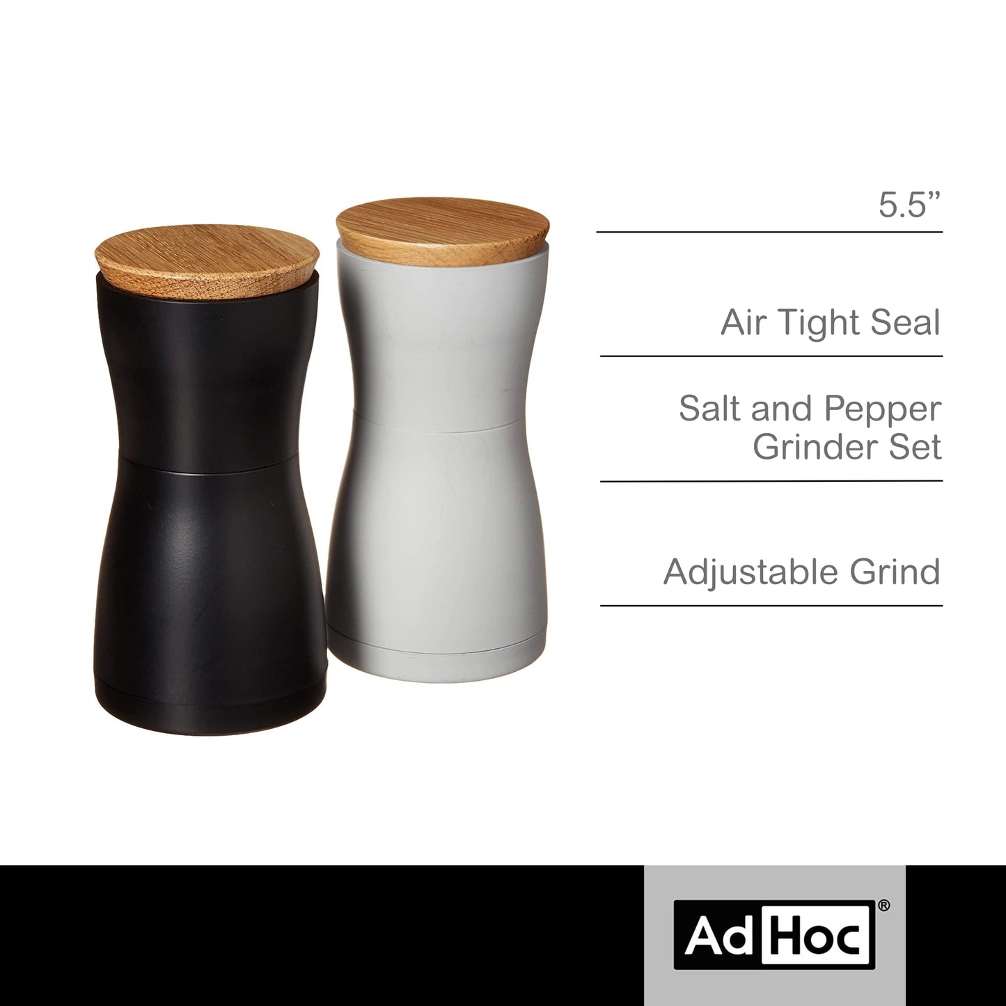 AdHoc Twin Salt and Pepper Mill Gift Set - Salt & Pepper Grinder for Gourmet Seasoning - Adjustable Manual Grinder for Fine to Coarse Spices