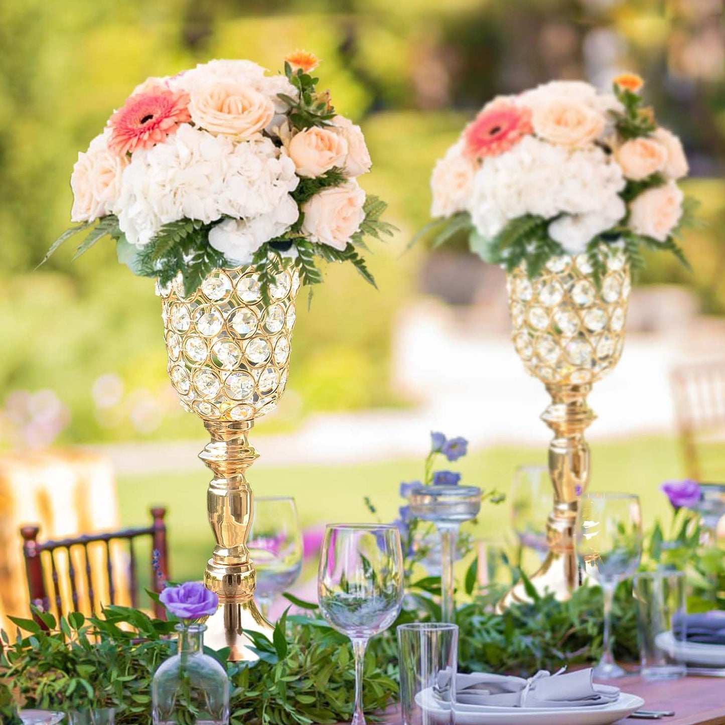 Kehail 6pcs Elegant Crystal Trumpet Metal Centerpiece Vases, Wedding Table Decoration Flower Stand Tulip Shape Decor Artificial Flower Arrangement Vase for Wedding Restaurant Vase Home Decor (Gold)