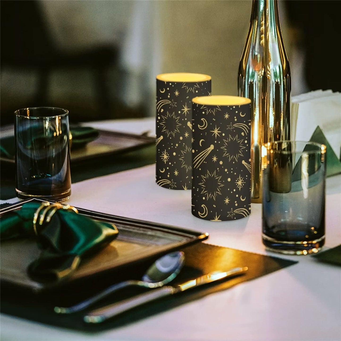 Cozeyat Star Moon Print Flickering Electric Tealights for Indoor Outdoor Decor,2 Pieces Flameless Votive Tea Lights,Real Wax Pillar LED Candles Battery Operated,Waterproof