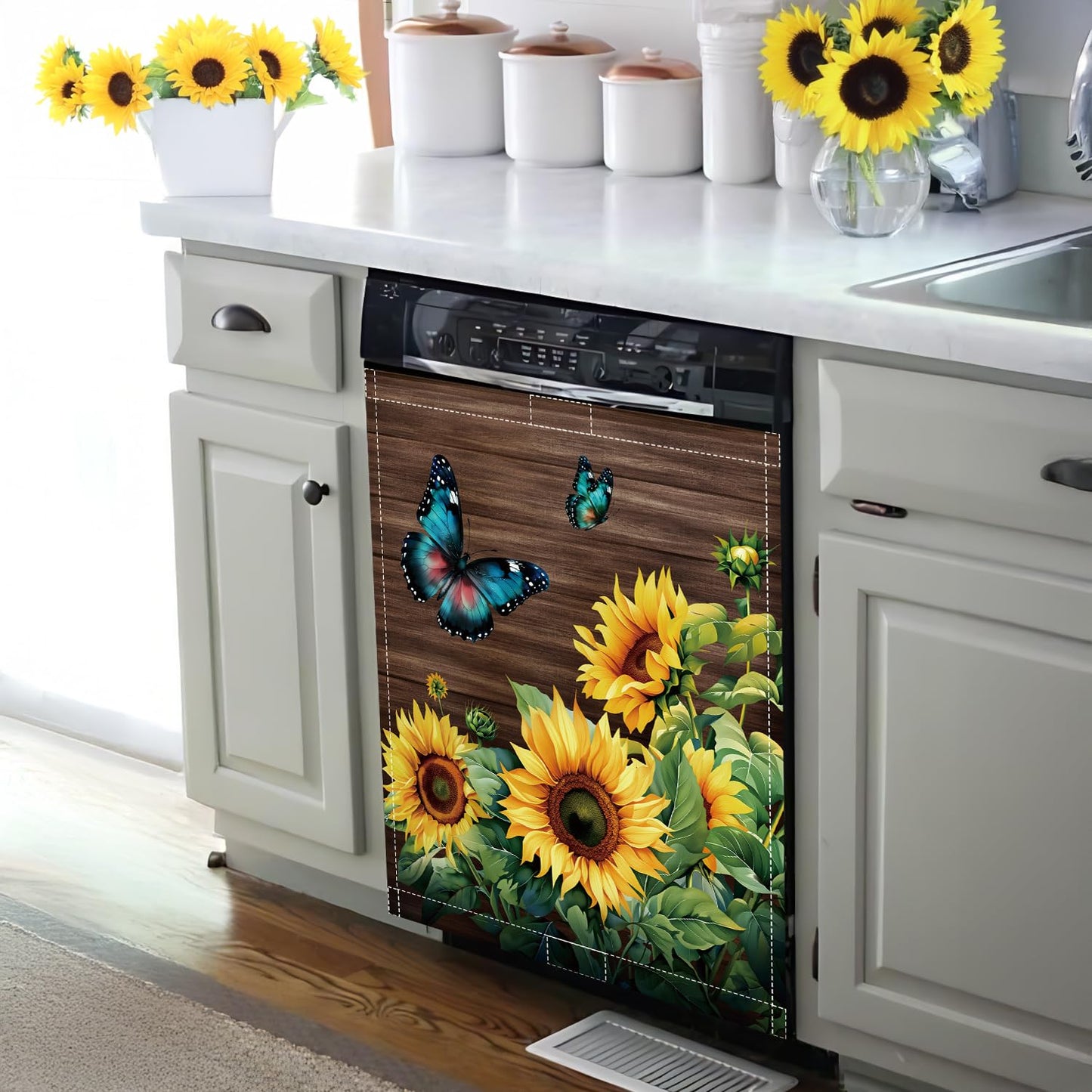 Sunflower Dishwasher Magnet Cover 23x26in Blue Butterfly Dishwasher Cover for Washers Fridge Panel, Floral Magnetic Covers for Kitchen, Machine Door Covers Decor, Spring Summer Kitchen Decor