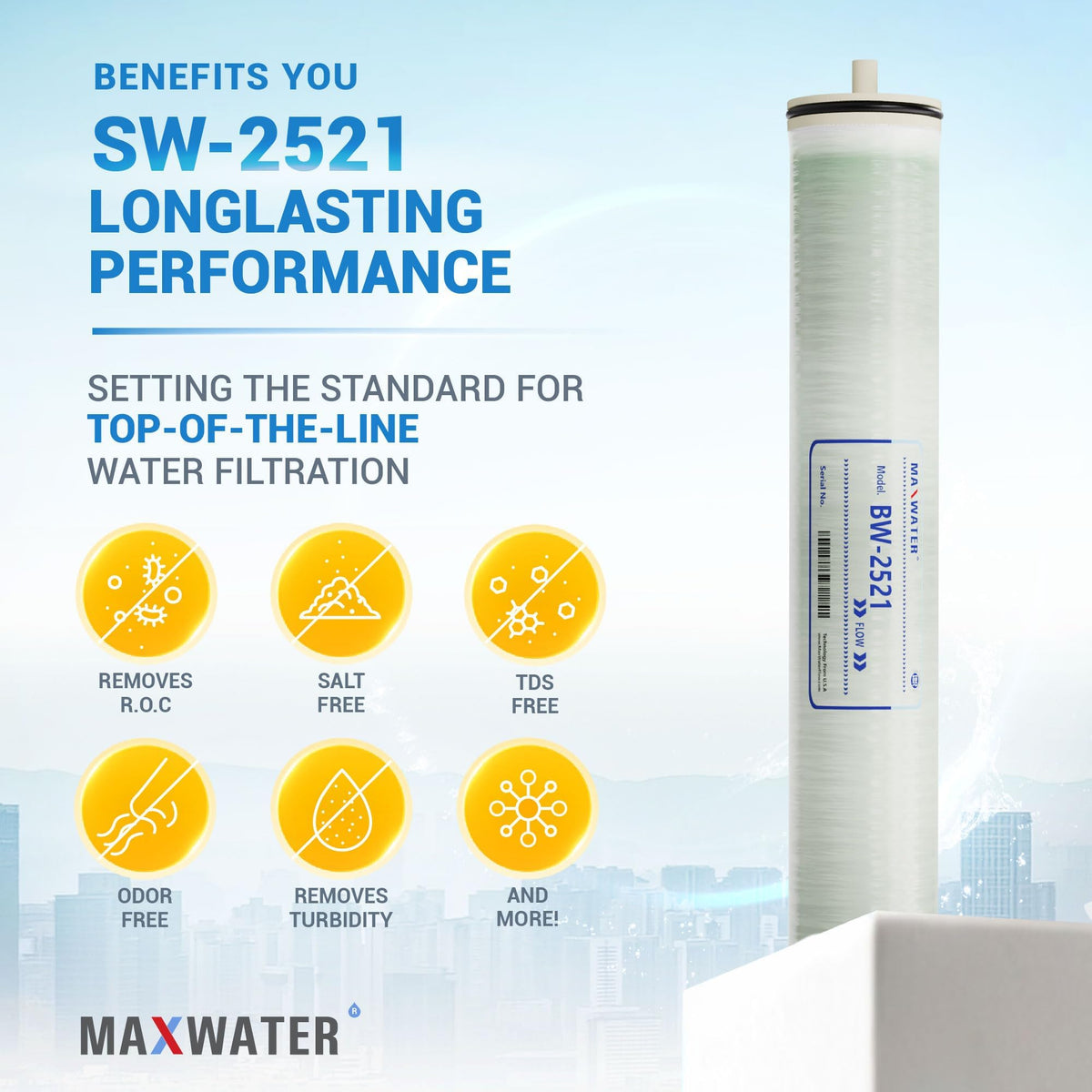 Max Water 2.5 x 21 BW-2521 RO Membrane Element- Brackish Water RO 350 GPD for Desalination, Commercial, Agricultural, and Whole House Reverse Osmosis - Compatible with M-T2521A, BW-2521