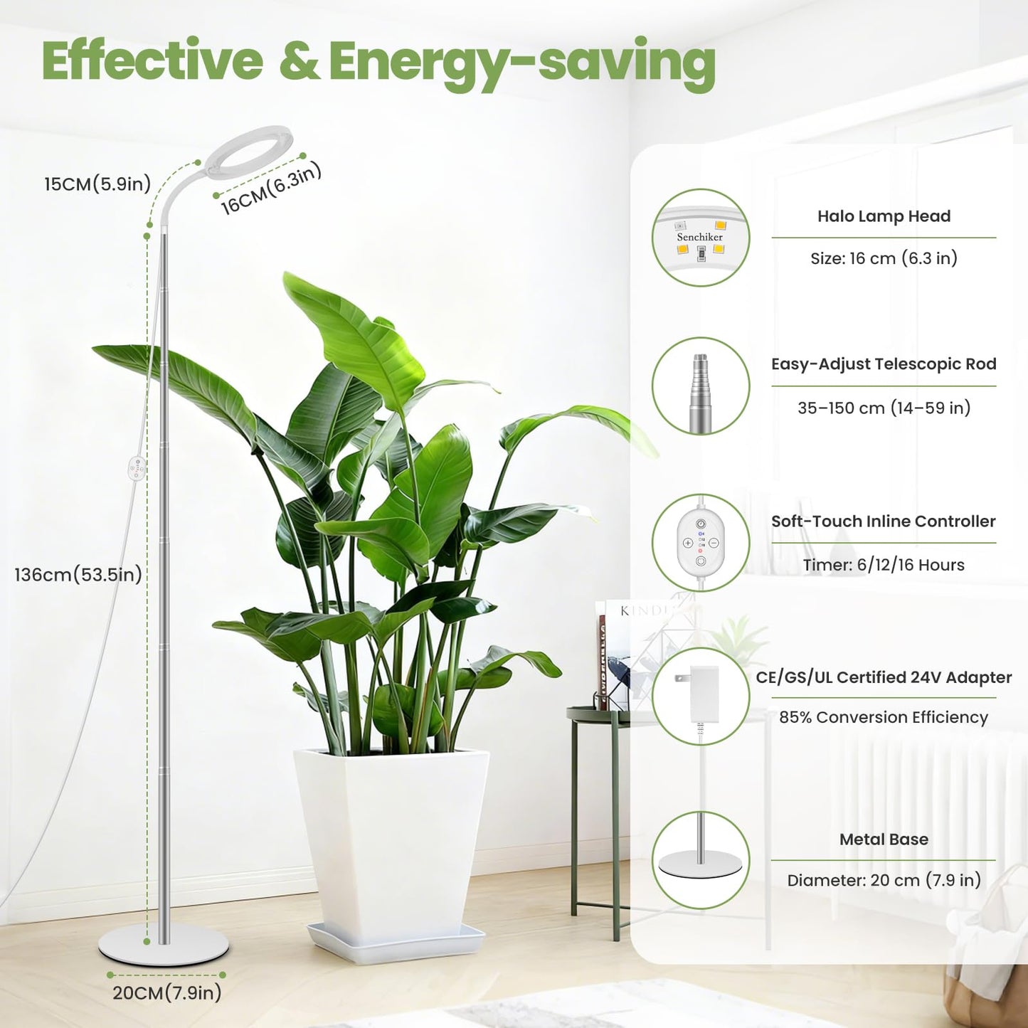 Grow Lights for Indoor Plants 24V, 660nm-Enhanced Full Spectrum, LUMILEDS LED Plant Light, 6.3in Grow lamp with Timer & Dimming, Adjustable Height 14-59in, 15W, 260μmol/s/m²@15cm(6in), J15-W
