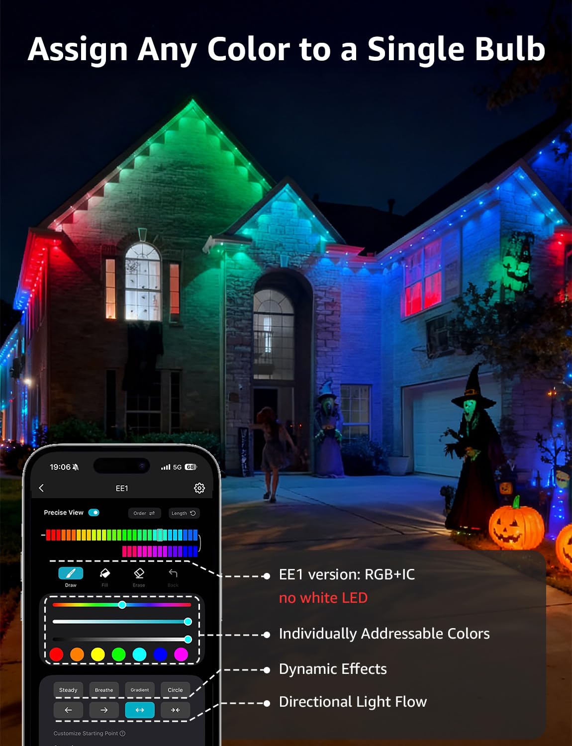Lepro EE1 AI Permanent Outdoor Lights with Dual-Output, 300ft 180 LED RGB+IC Smart Outside Light for House Christmas Decor,Alexa Google Enabled 2.4 GHz WiFi/Bluetooth, APP Control No Remote Controller