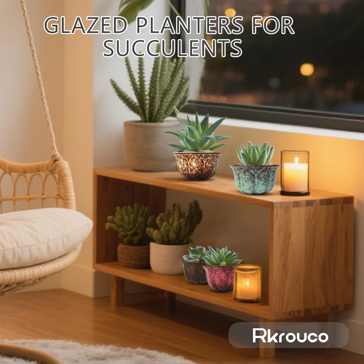 Rkrouco Ceramic Plants Pots 3 Inch Set of 4 Flower Pots with Drainage and Bamboo Tray for Indoor/Outdoor Small House Plants,Foliage Plant