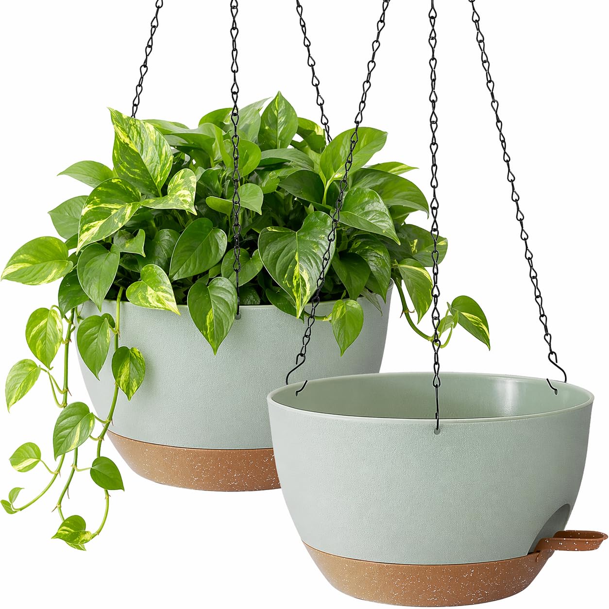 TYMENSH Hanging Plant Pots 12 inch Set of 2, Self Watering Hanging Planters with Drainage Holes, Indoor Outdoor Plastic Flower Pots with Hanging Chains for Balcony, Porch, Garden, Home Décor, Green