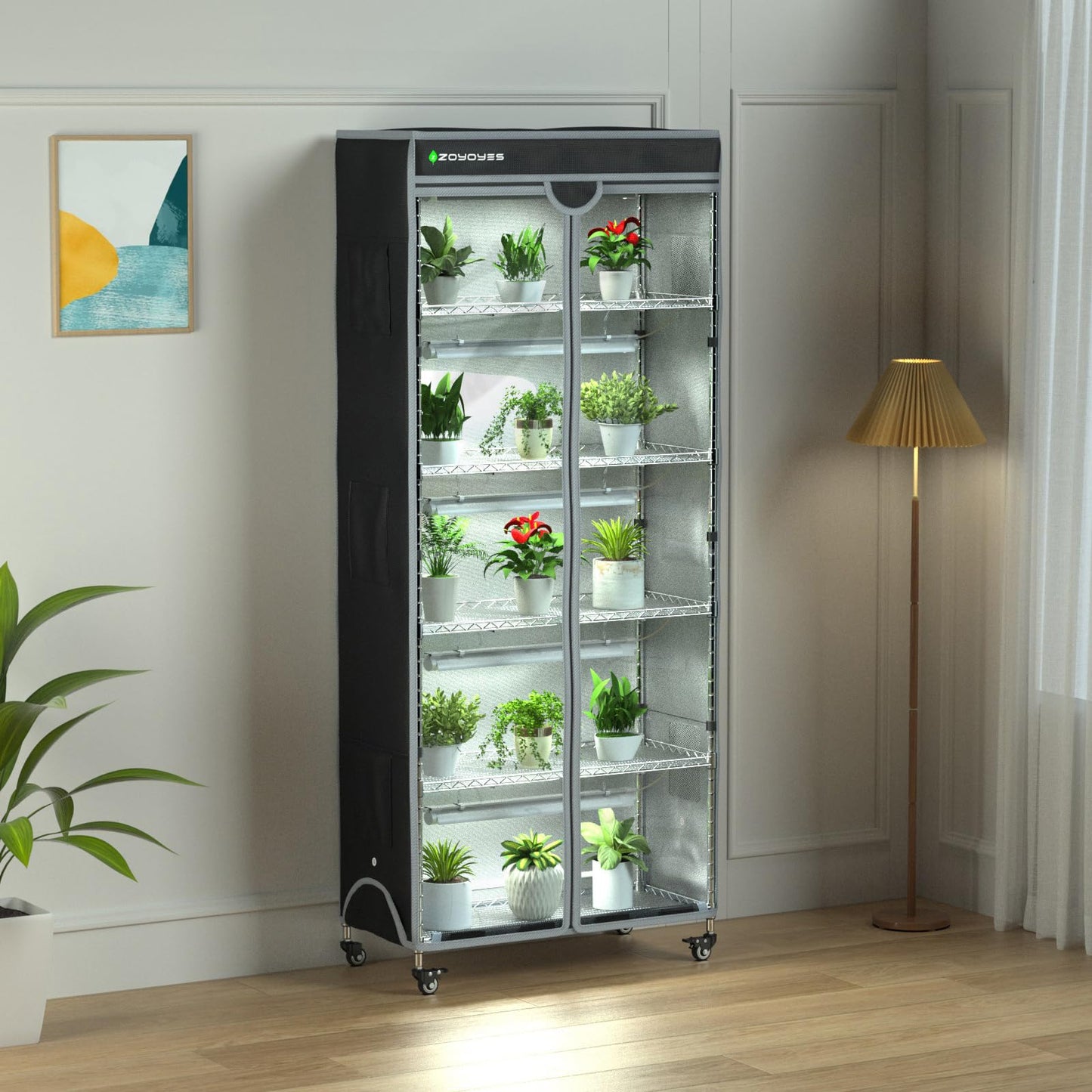 Indoor Greenhouse 6-Tier Plant Stand with Grow Lights, Fully Covered, Thermometer & Timer | 5 Sets T8 Lights, Perfect for Seedlings & Flowering, 30" W x 14" D x 72" H