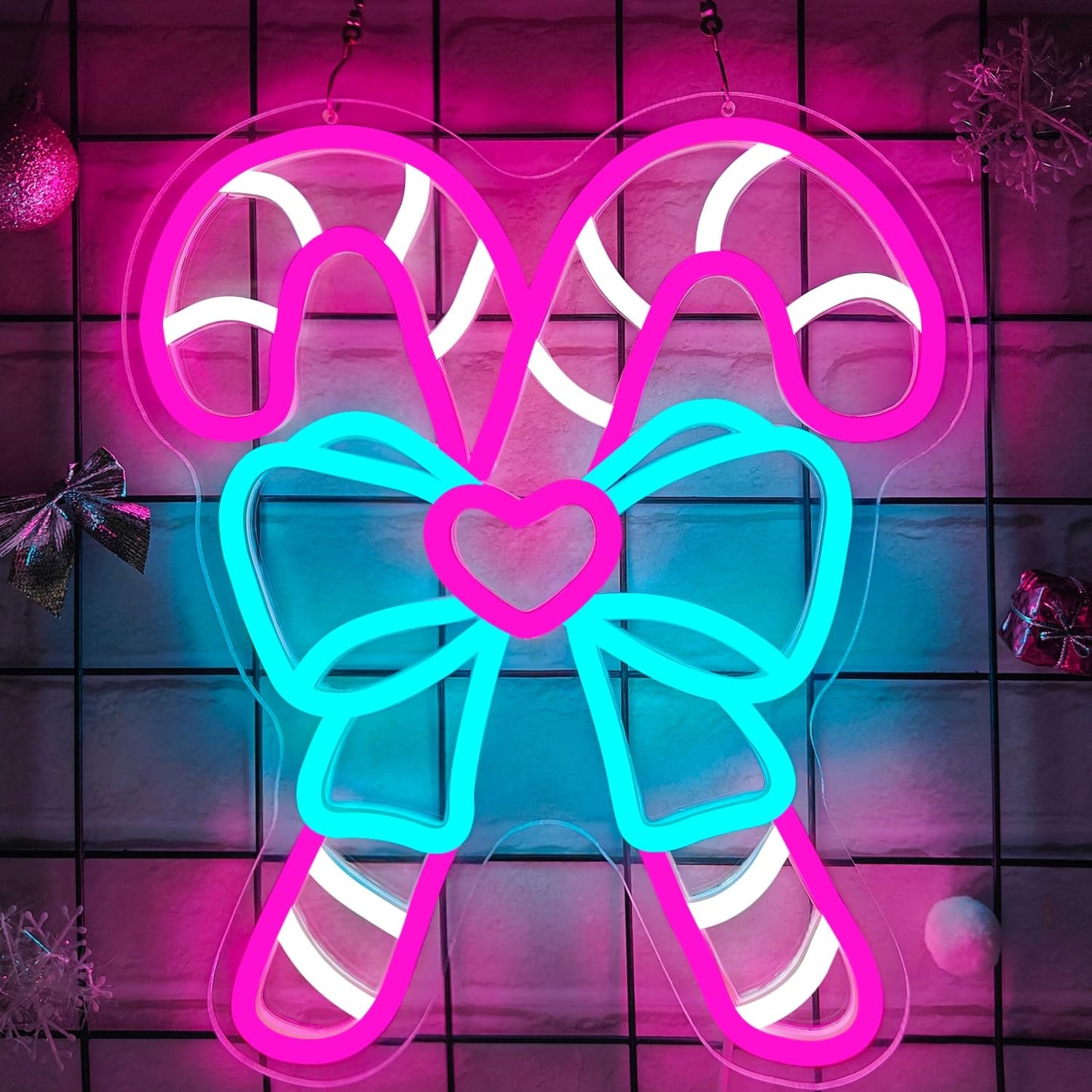 Pink Candy Canes Neon Sign Candy Christmas Neon Sign for Wall Decor Pink Christmas Decor Led Sign with Bow Xmas Neon Light Up Signs for Window Bedroom Holiday Xmas Party Home Decoration Gift Winter
