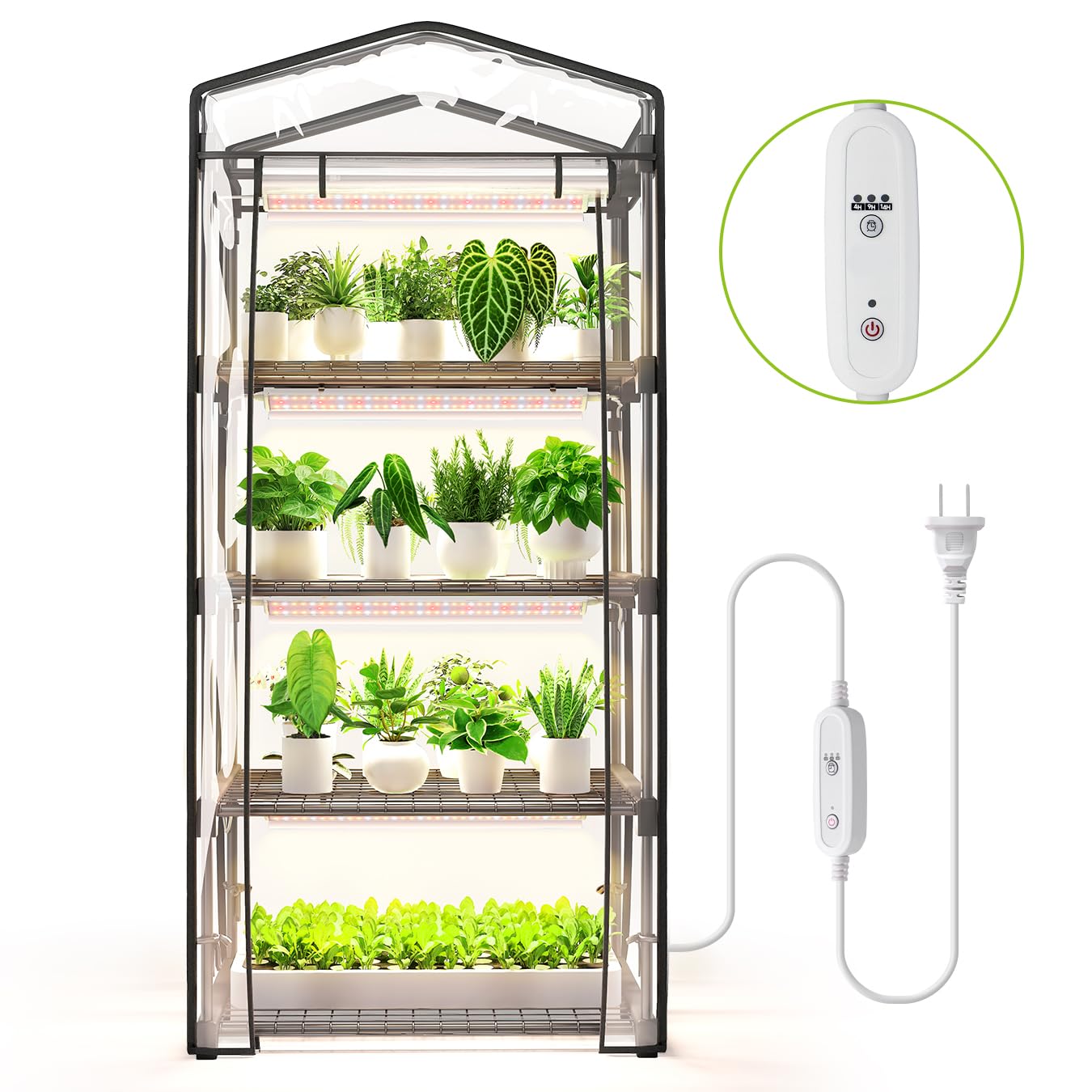 SpeePlant Indoor Greenhouse with Grow Light, 4 Tier, 1.6FT 80W Full Spectrum Grow Light with Timer, Portable Plant Shelves with Waterproof PVC Cover for Seed Starting, 26.4L X 19W X 61H