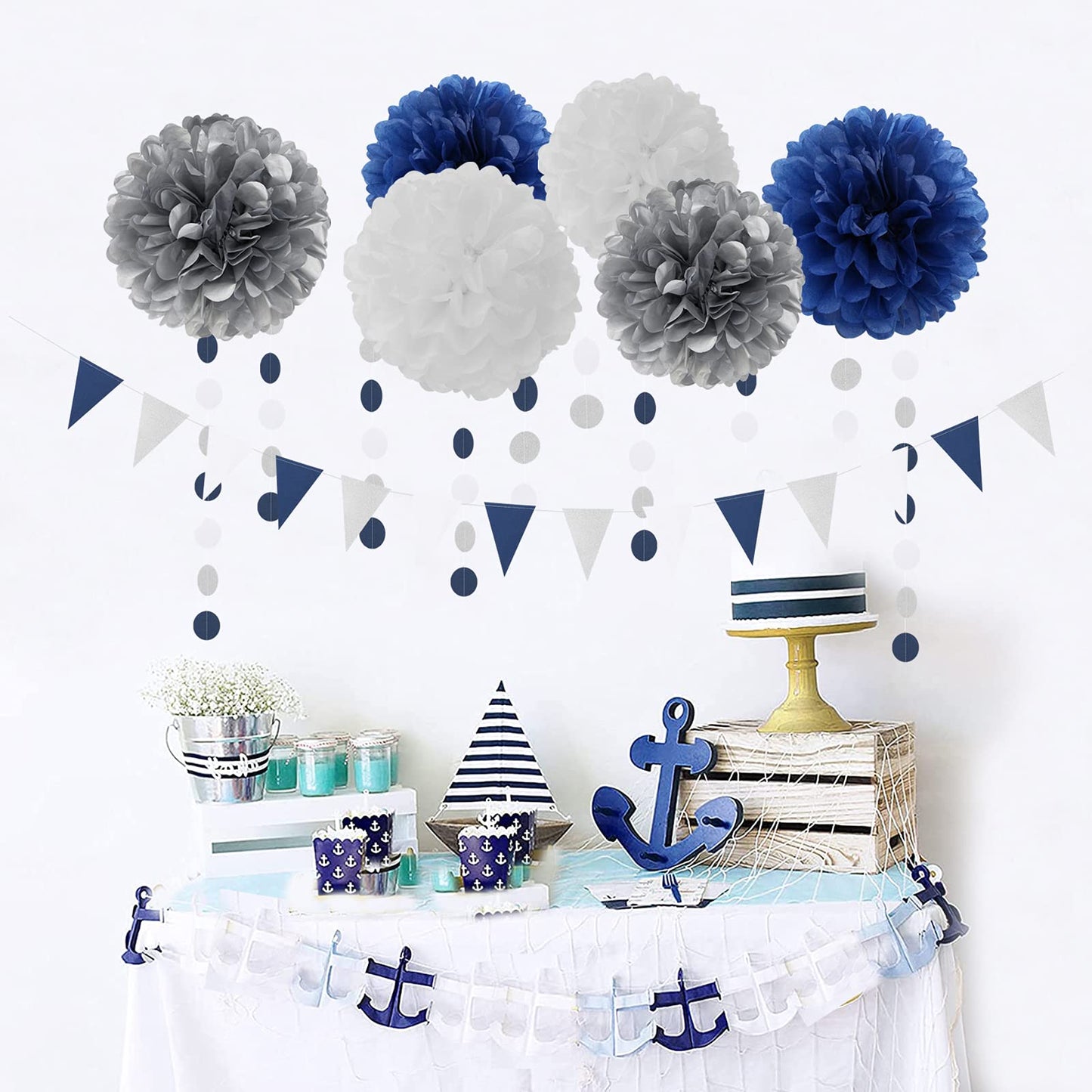 Navy Blue White Silver Party Decorations,23pcs Kit Graduation 2026 Tissue Paper Pom Poms Streamers,Tassel Garland Banner Flowers,Men Birthday Bachelorette Baby Shower Christmas Decor Lasting Surprise