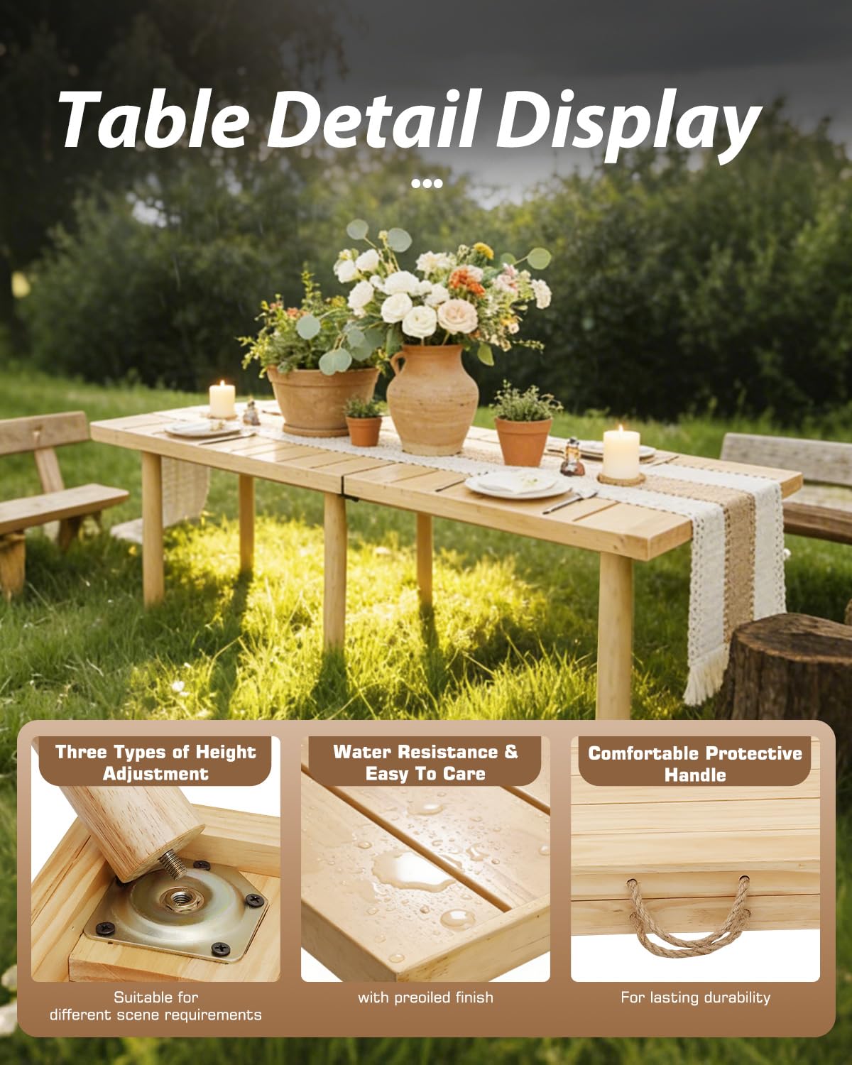 Gereat 48" X 24" Boho Low Picnic Table, Portable Wooden Picnic Table with 3 Adjustable Heights, Natural Pine Wood Floor Table for Camping, Weddings, Beach & Family Gatherings, Seating for 2-4 People