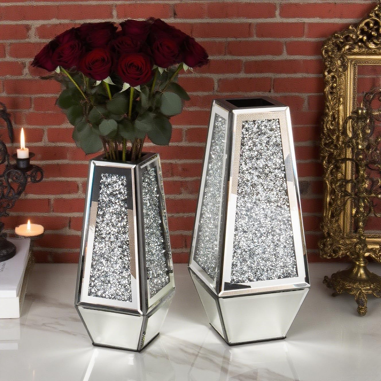 SHYFOY Crushed Diamond Mirrored Vases Set of 2, Silver Glass Flower Vases for Table Home Decor Crystal Vase for Dried Flowers Centerpieces - Can’t Hold Water