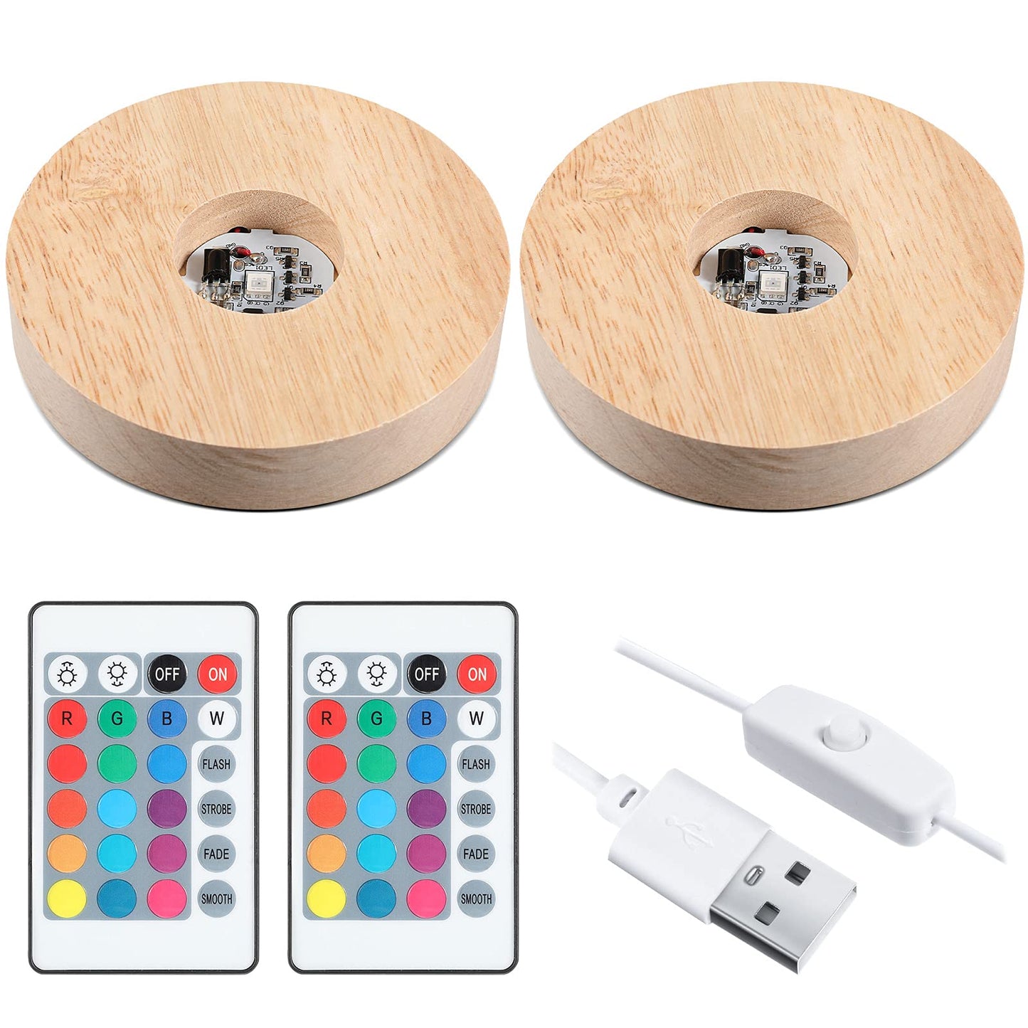 Honoson 3.94 Inch Wooden Light Stand Base Colorful LED Lights Display Base with Remote Control for Selenite Tower 3D Laser Crystal Glass Resin Art (2 Pieces)