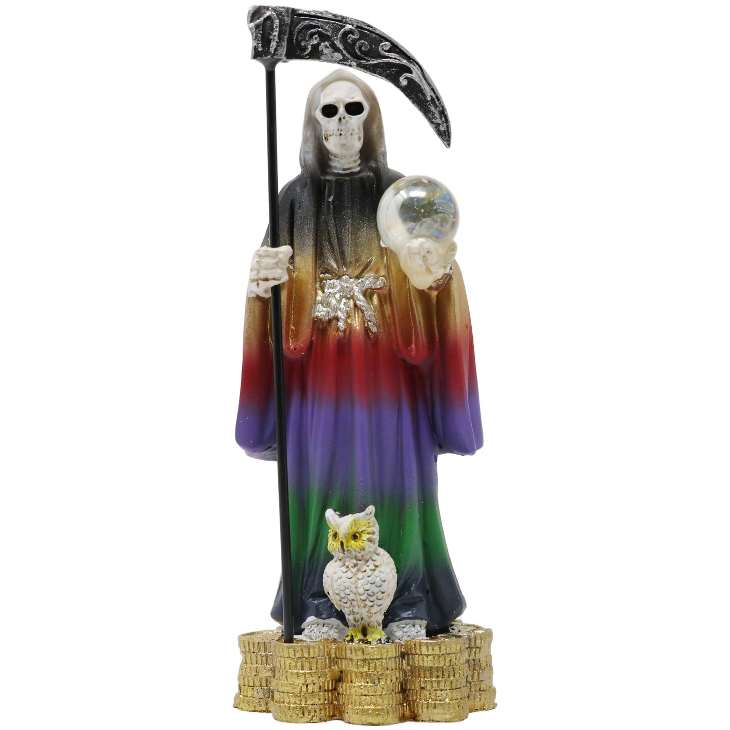 Cannan Coin Base 5" Holy Death Grim Reaper Skull Skeleton Seven Colors Tunic Holding Scythe Globe with Owl Statue Santa Muerte 7 Potencias