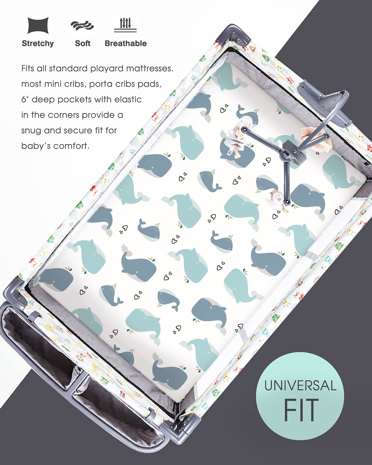 GRSSDER Stretchy Ultra Soft Jersey Knit Fitted Pack n Play Sheets Set 2 Pack, Portable/Mini Cribs Playards Sheets, Universal Fitted Pack and Play Mattress Sheets, Lovely Whale for Girls and Boys