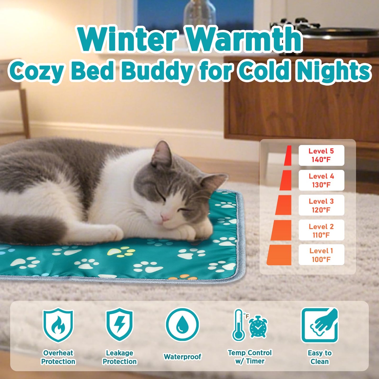 furrybaby Pet Heating Pad, Waterproof Dog Heating Pad Mat for Cat with Durable Anti-Bite Tube Indoor for Puppies Dogs Cats (1 Pack Black, 17 X 17in, Temp Adjustable)