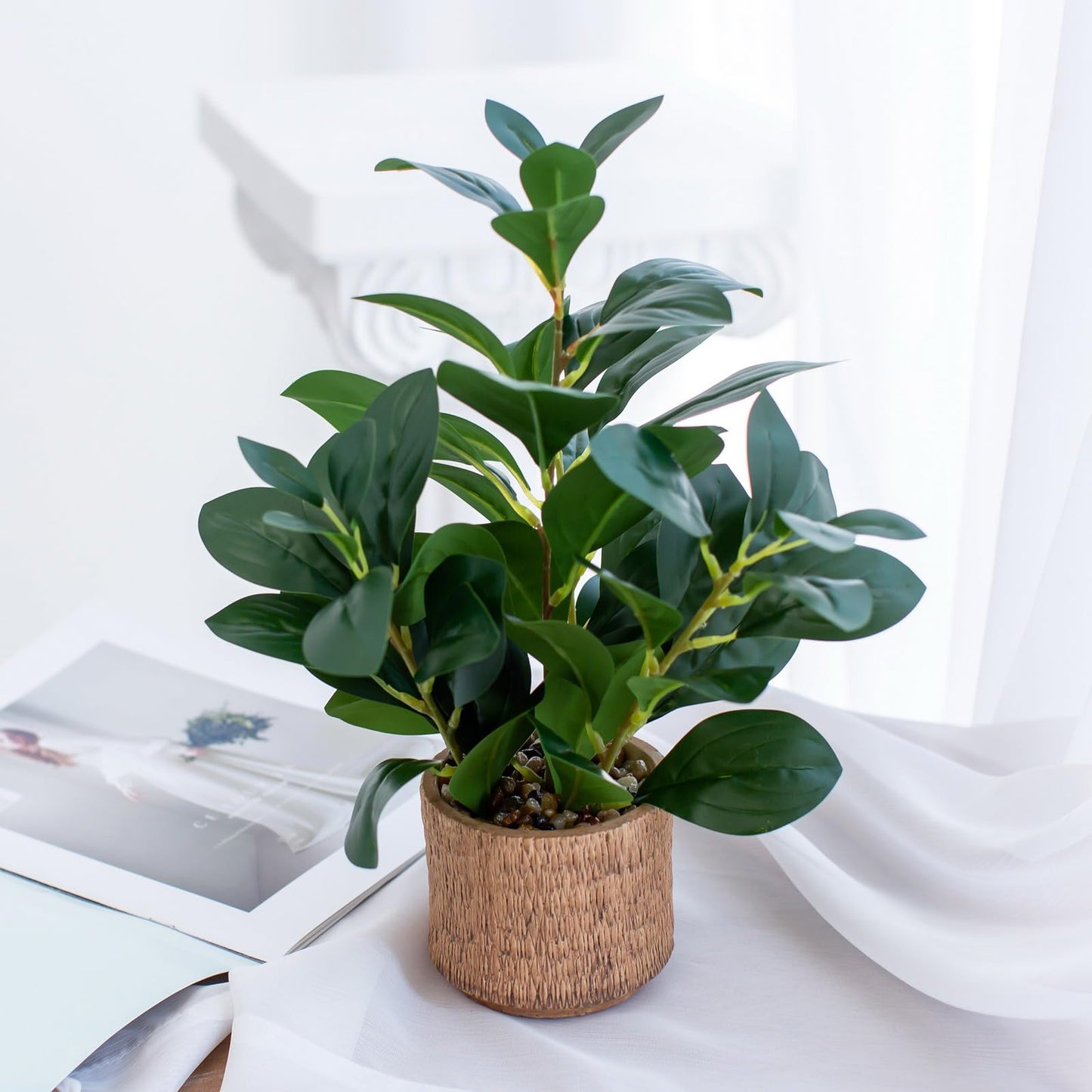 12.6" Fake Plants in Brown Ceramic Vase Real Looking and Touching Evergreen Ficus Leaf Faux Plant indoor for Book Shelf Bathroom Office Desk Kitchen Counter Bedroom Small Space Artificial Plant Decor