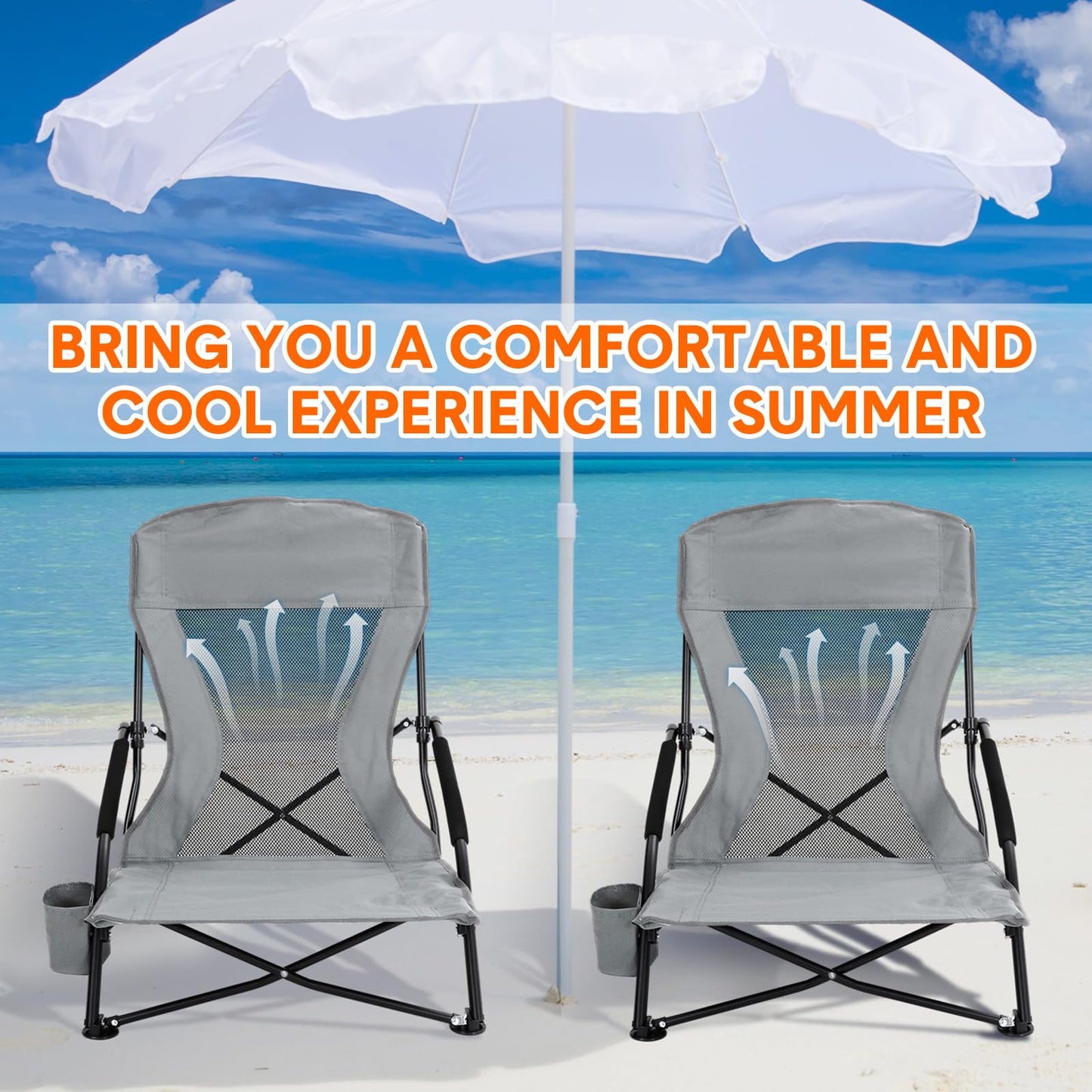 Menkxi 6 Pack Low Beach Chairs for Adults, Portable Folding Sand Chairs with Cup Holder and Carry Bag, Lightweight High Back Camping Chair for Beach Trips, Concerts, BBQ, Lawn, Outdoor (Dark Grey)