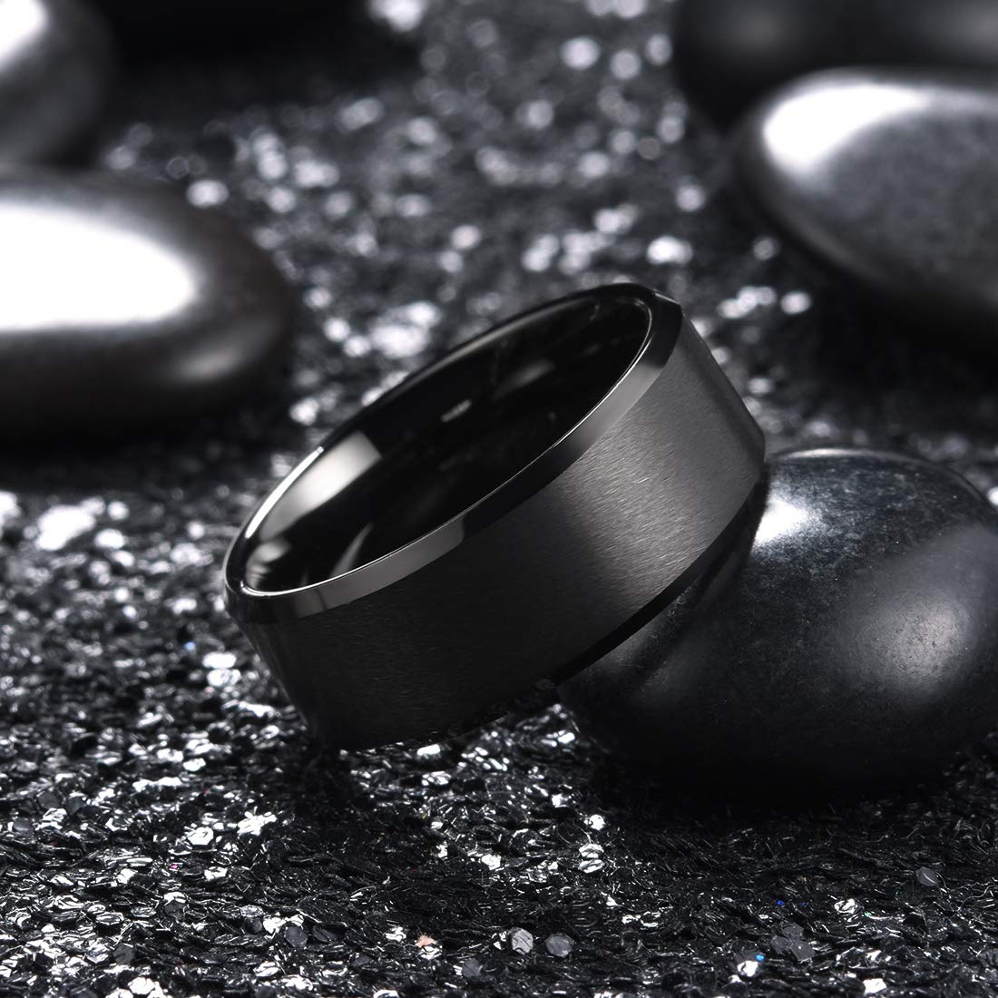 King Will 9mm Men's Black Wedding Ring - Brushed Matte Surface, Beveled Polished Edge, Comfort Fit Size 8