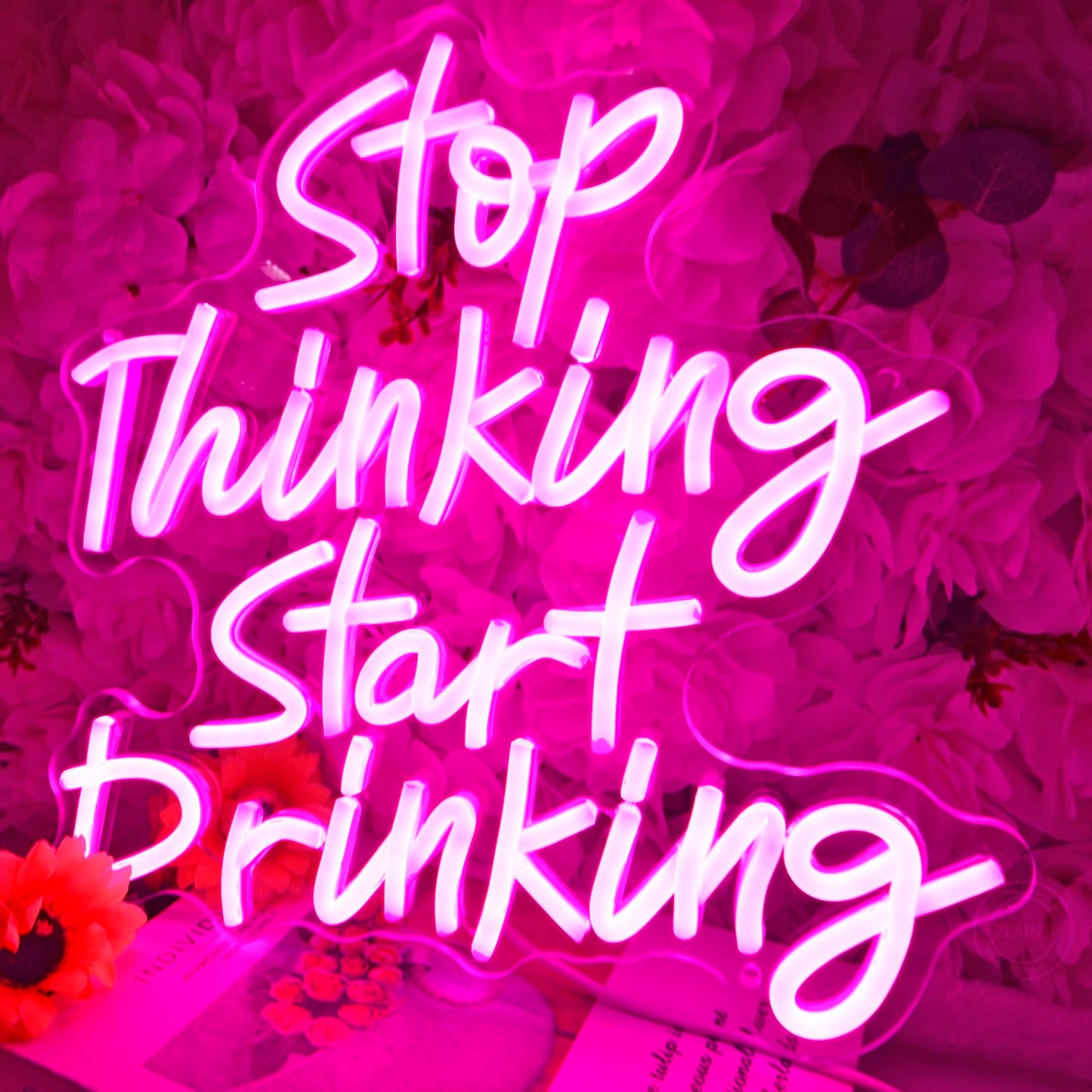 Planzo Stop Thinking Start Drinking Neon Sign Wall Decor Beer Sign for Home Bar Pub Bistro Man Cave Garage Night Club Coffee Shop LED Light Sign Kitchen Bedroom Birthday Party Gift 5V USB Pink