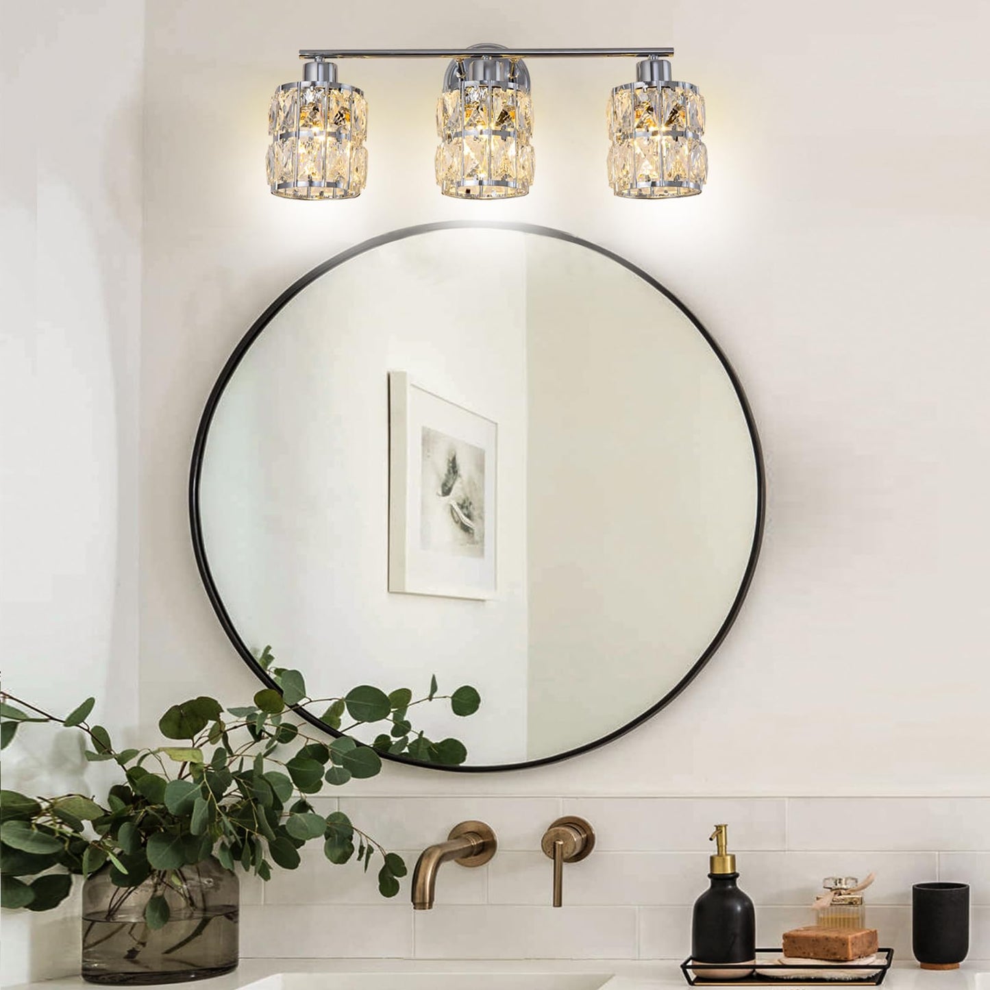 CALDION 3-Light Crystal Wall Lights Bathroom Vanity Light Fixtures, Modern Chrome Vanity Lighting Over Mirror Crystal Wall Sconces Lighting for Bedroom Restroom Bath Cabinet Powder Room, E26 Base
