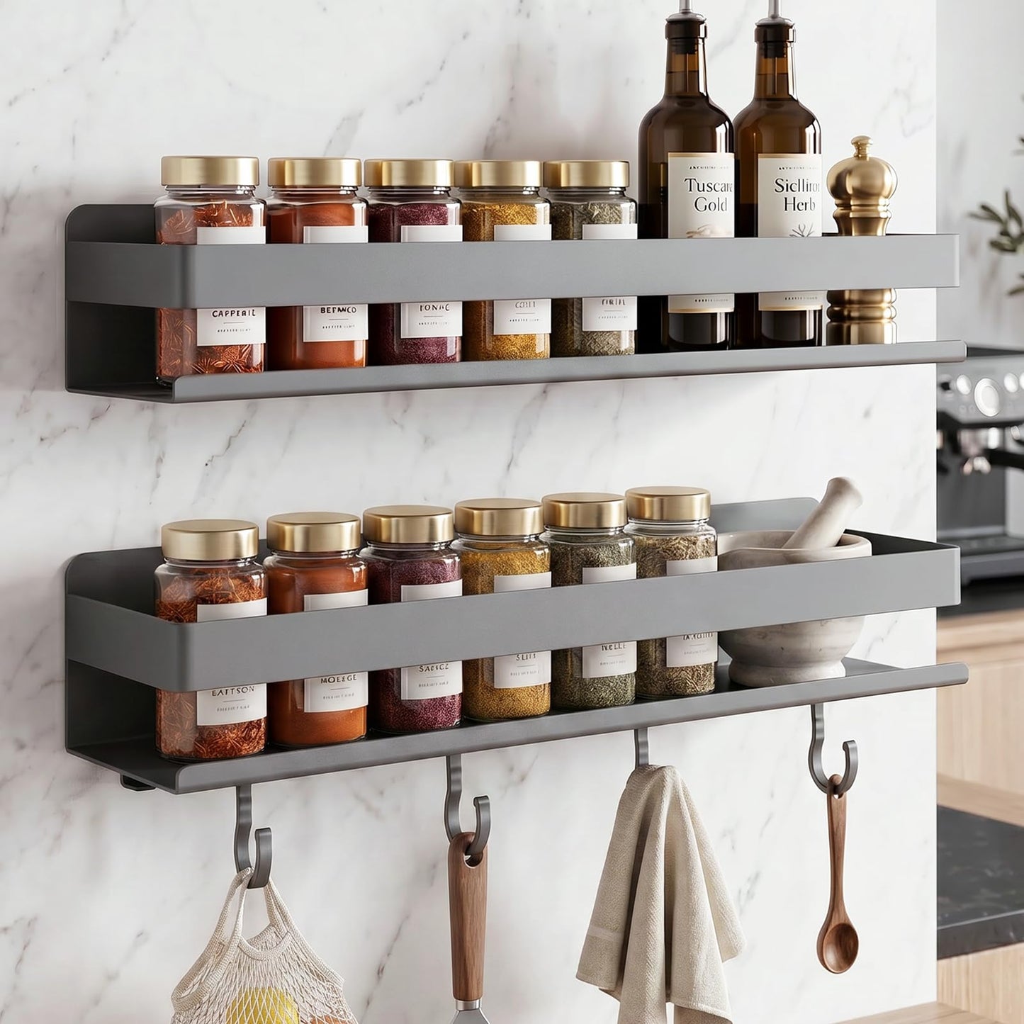 TIMBERHIDE 2-Pack Wall Mount Spice Rack,Easy to Install on the anywhere,Carbon Steel Kitchen Organizer with Hooks for Oil Salt Seasonings&Bathroom Toiletries,Grey