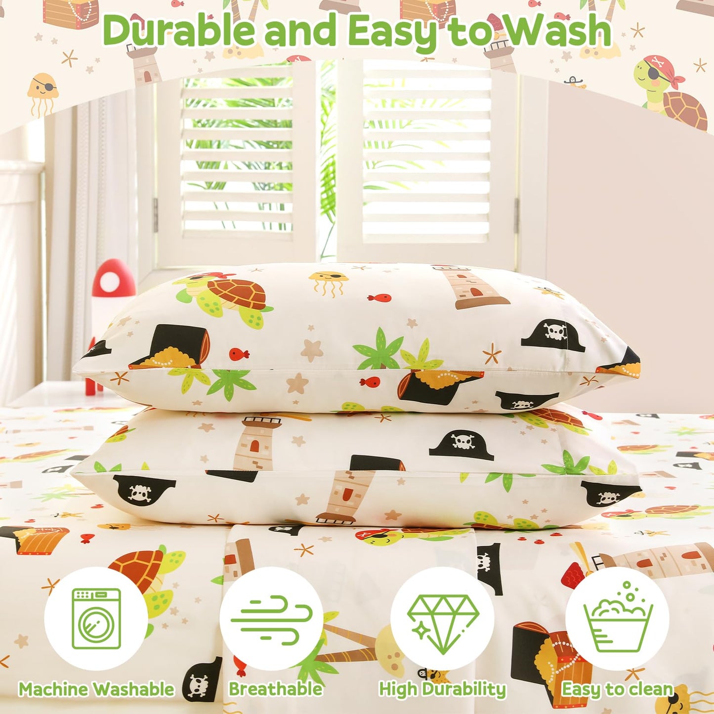 ChicView Queen Sheet Set Kids,4 Pieces Breathable Soft Microfiber Bedsheets for Child Boys Girls, Anti Pilling Deep Pockets Easy Care Bed Sheets, Turtle