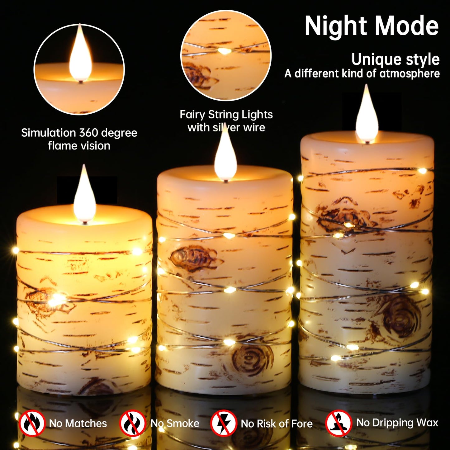 Da by 3 Pack Birch Bark Real Wax Flameless Candles, Flickering LED Taper Candles with Copper String Lights, Battery Operated Candles with Remote for Farmhouse Wedding Home Decor
