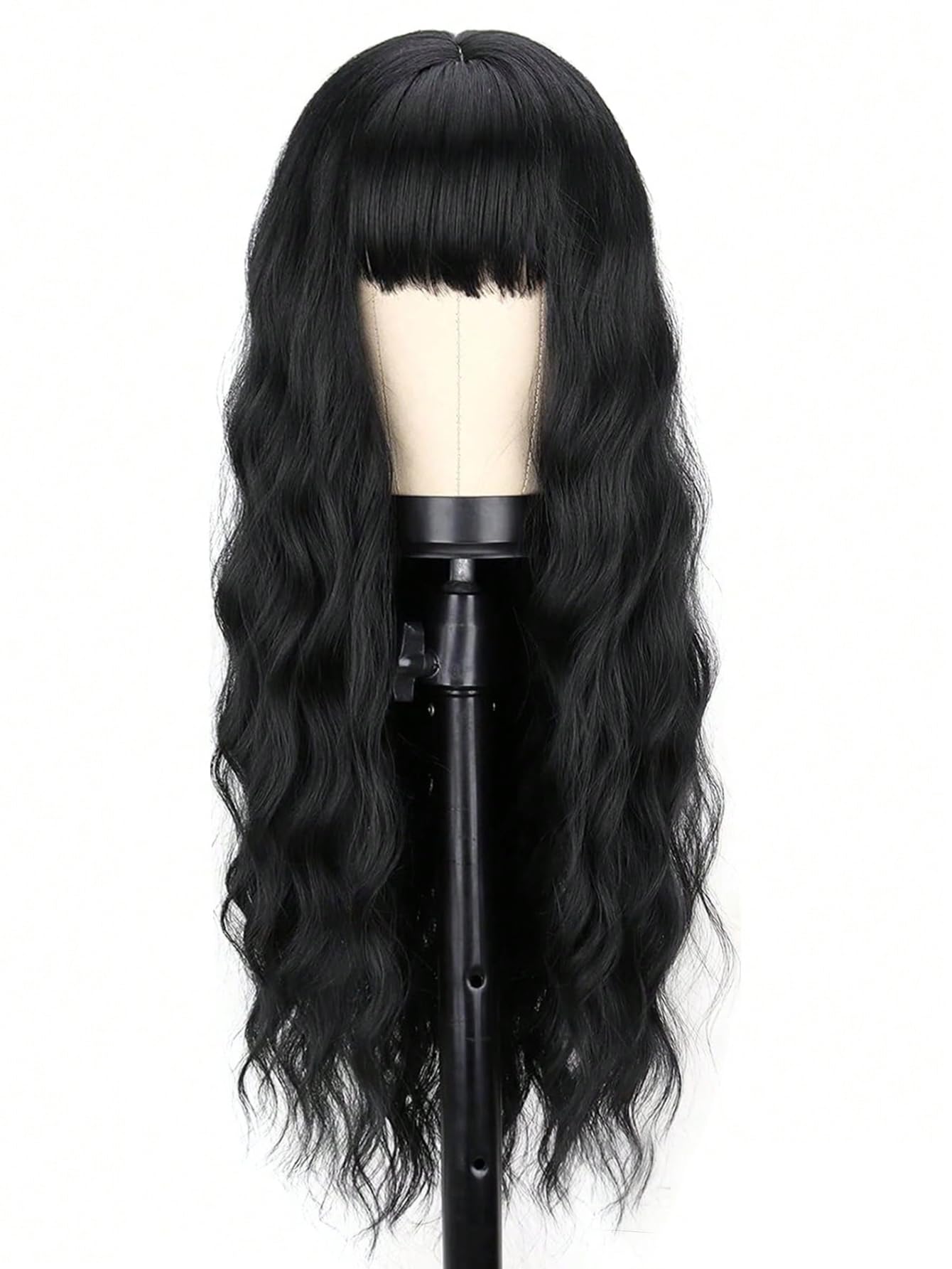 YEESHEDO Long Black Wigs for Women Natural Curly Wavy Synthetic Hair Wig with Fringe for Girls Cosplay Party or Everyday Wear