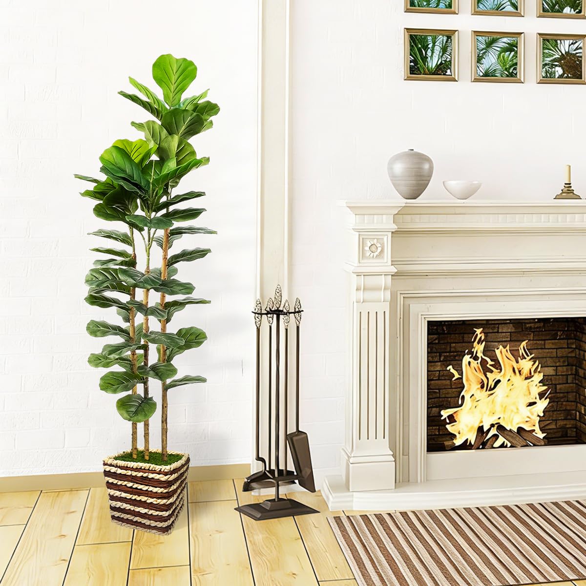 Artificial Fiddle Leaf Fig Tree Indoor with Woven Basket - 5ft Tall Fake Tree with Real-Wood Trunk,Faux Plants for Living Rooms, Offices, Kitchens & Outdoor Spaces (Square Basket)