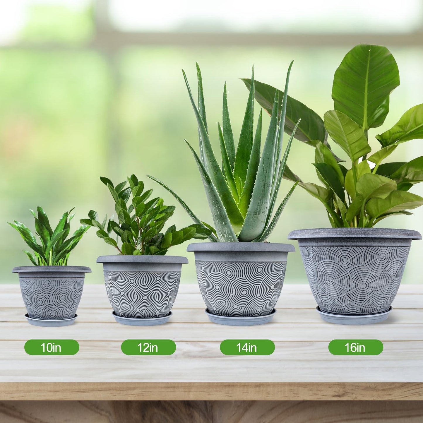 Fodetyff 12 Inch Large Planter Pot for Plants Indoor Outdoor, 4 Pack Plastic Flower Pots with Drainage Hole & Tray, Modern Decorative Garden Pot with Saucer, Plant Container for House