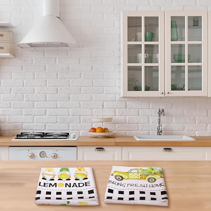 Bencailor 4 Pcs Lemon Kitchen Towels Lemonade Dish Towels Gnome Black and White