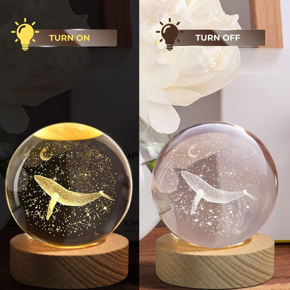 Flexzion 3D Whale Crystal Ball Night Light - LED Light Hologram Glass Lamp with Solid Wood Base, USB Powered Crystal Ball Lamp with Adjustable Brightness for Home Decor Display Gift, 2.4inch(60mm)