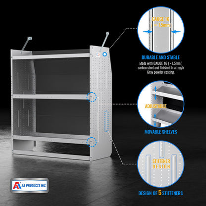 AA Products Model SH-4604-T3 Steel Low/Mid/High Roof Van Shelving Storage System Fits Transit, GM, NV, Promaster, Sprinter and Metris, Contoured Shelving Unit, 42" W x 46" H x 16" D