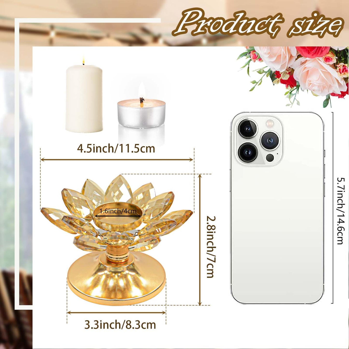 2 PCS Gold Crystal Flower Tea Light Holder, Glass Tealight Candlestick with Metal Base, Votive Candle for Table Centerpiece, Wedding/Parties Decor, Nice Gift