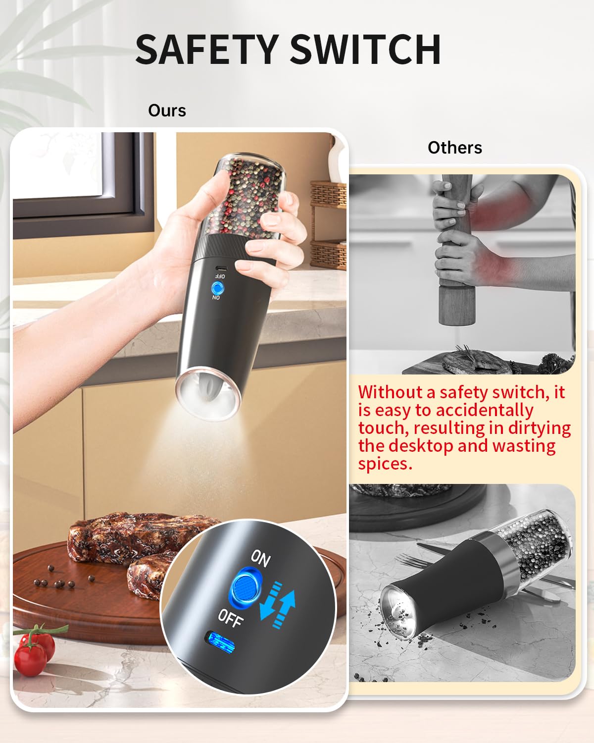 CIRCLE JOY Gravity Electric Salt and Pepper Grinder Set Rechargeable Salt and Pepper Shakers Automatic Mill Grinder with White LED Light, Adjustable Coarseness, Washable 135ml Container, Black